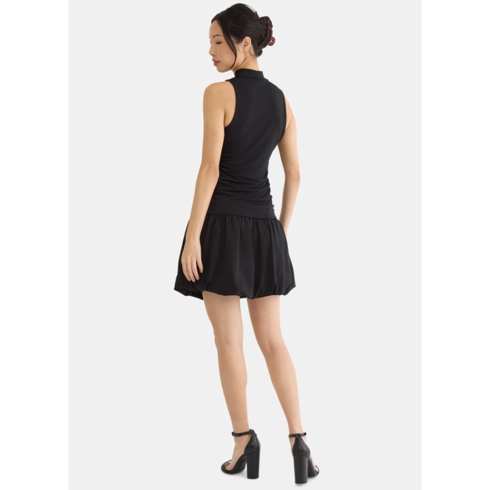 Women Black Mock‎ Neck Ruched Bubble Hem Mini Dress Sleeveless Drop Waist - Picture 2 of 5